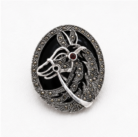 Vintage Black Enamel 925 Sterling Silver Oval Brooch