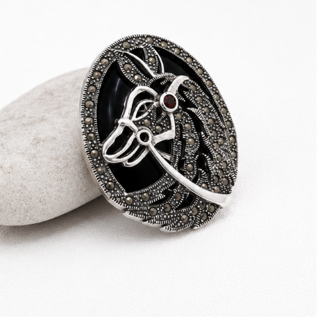 Vintage Black Enamel 925 Sterling Silver Oval Brooch front view