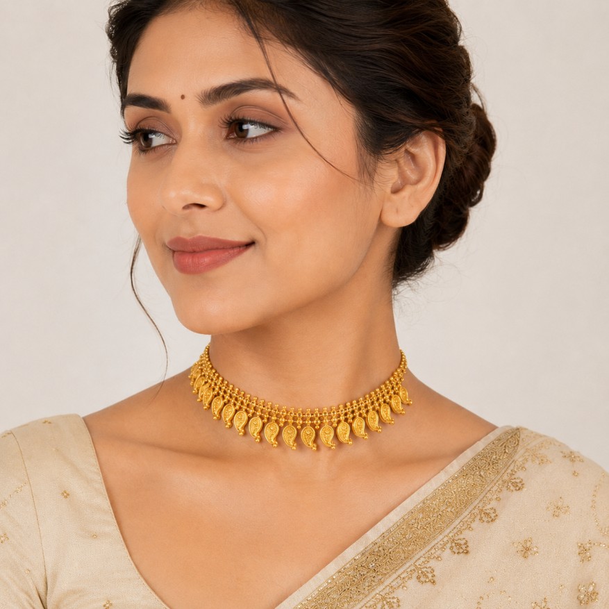 Golden Leaf Cascade – 22K Gold Temple Necklace close-up view