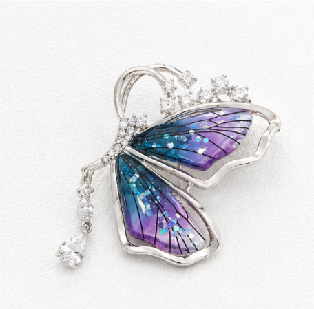 Blue-Purple Enamel Butterfly 925 Sterling Silver Saree Pin