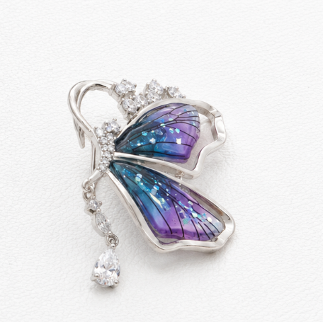 Blue-Purple Enamel Butterfly 925 Sterling Silver Saree Pin side view