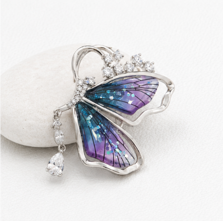 Blue-Purple Enamel Butterfly 925 Sterling Silver Saree Pin front view