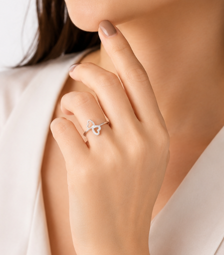 Double Heart 925 Sterling Silver Ladies Angathi Ring close-up view