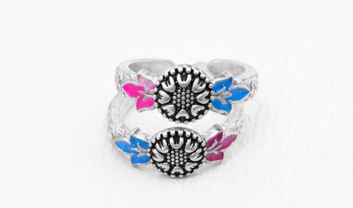 Colourful Sunflower 925 Sterling Silver Enamel Jodvi Toe Ring Pair for Women