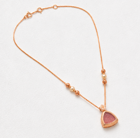 18K Rose Gold Geometric Pink Stone Pendant Chain for Women