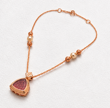 18K Rose Gold Geometric Pink Stone Pendant Chain for Women close-up view