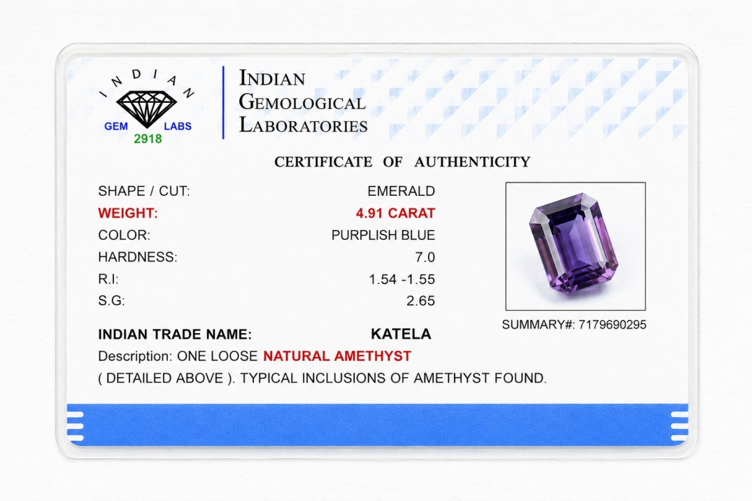 Royal Violet 4.91 Carat Emerald-Cut Amethyst (Katela) Gemstone side view