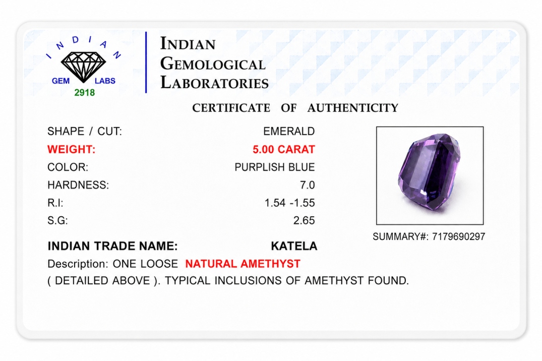 Purple Prism 5.00 Carat Emerald-Cut Amethyst (Katela) Gemstone side view
