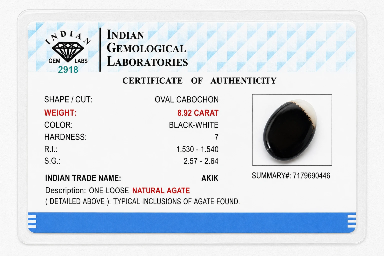 Ivory Edge 8.92 Carat Cushion Black and White Agate (Akik) Gemstone