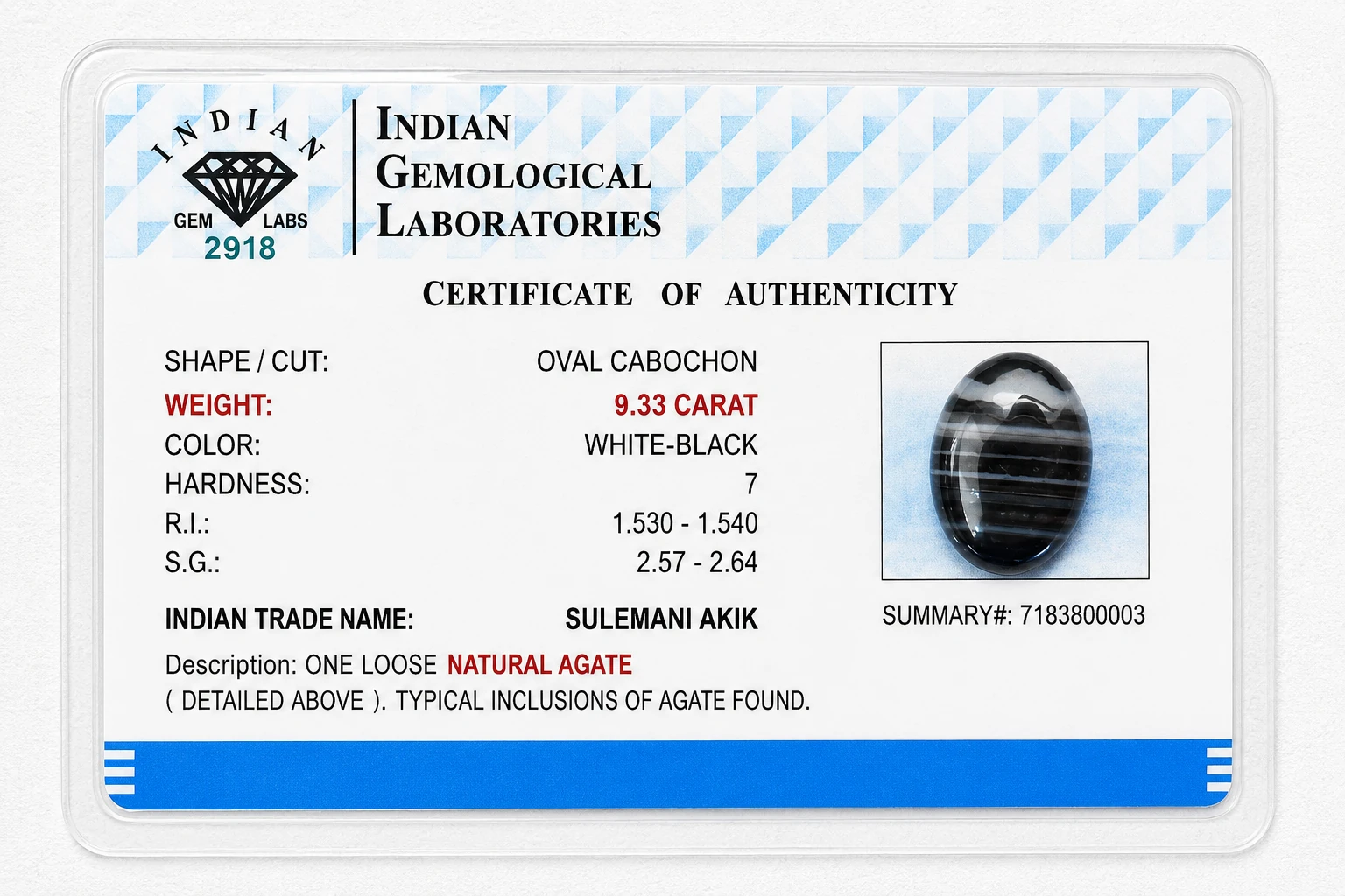 Midnight Stripes 9.33 Carat Oval Black and White Agate (Akik) Gemstone