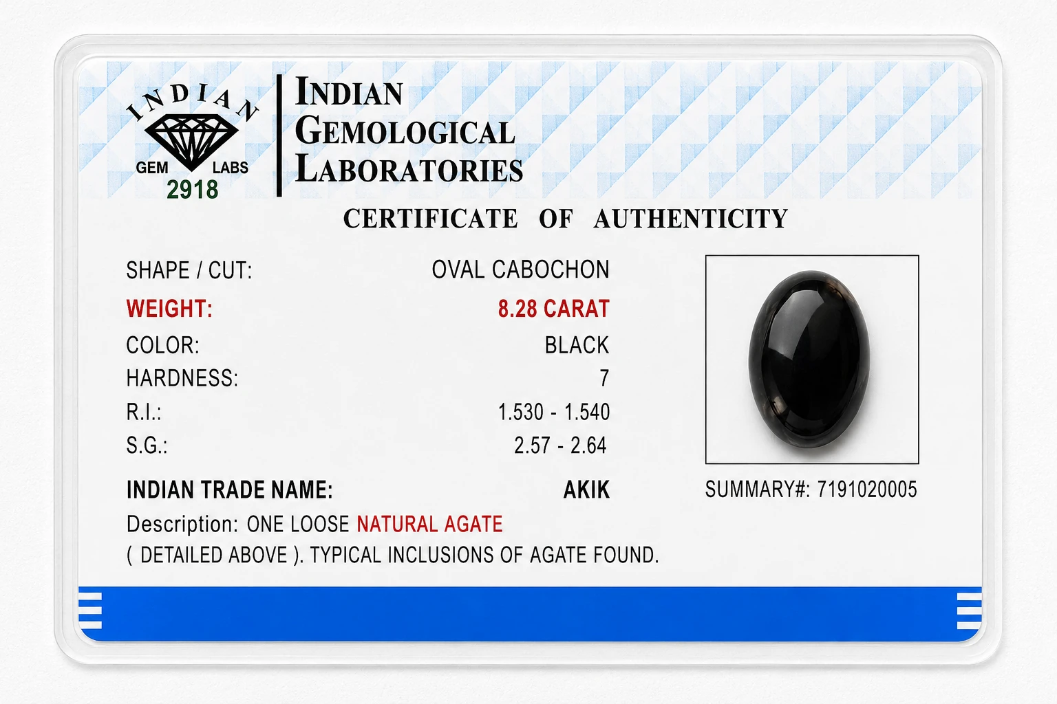Midnight Shield 8.28 Carat Oval Black Agate (Akik) Gemstone front view