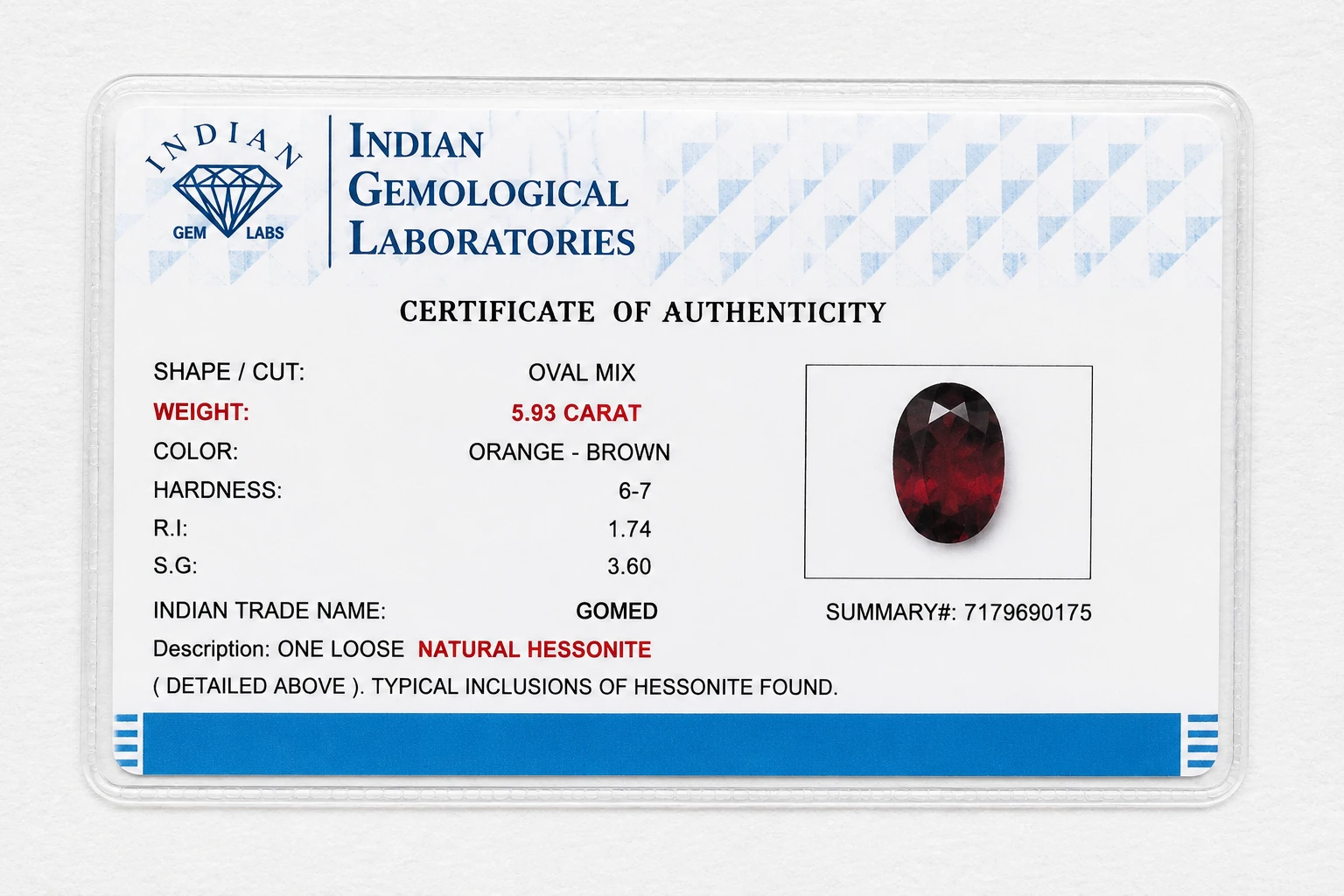 Burnt Ruby 5.93 Carat Oval Hessonite Garnet (Gomed) Gemstone side view