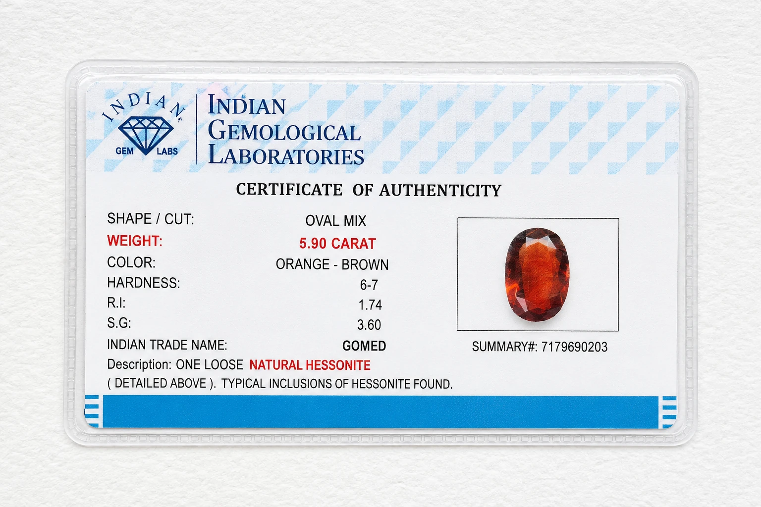 Cinnamon Flame 5.90 Carat Oval Hessonite Garnet (Gomed) Gemstone