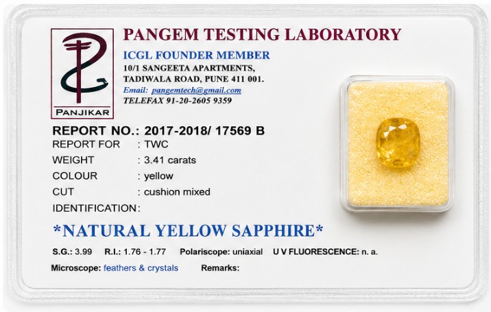 Lemon Glow 3.41 Carat Cushion-Cut Yellow Sapphire (PUSHKARAJ) Gemstone front view