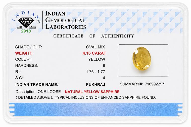 Amber Shine 4.16 Carat Oval Yellow Sapphire (PUSHKARAJ) Gemstone side view