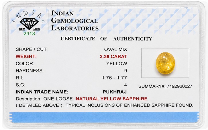 Sunbeam Oval 2.63 Carat Yellow Sapphire (PUSHKARAJ) Gemstone front view