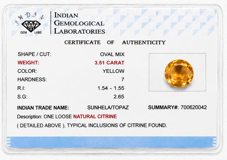 Sunshine Oval 3.51 Carat Yellow Topaz (Sunela) Gemstone side view